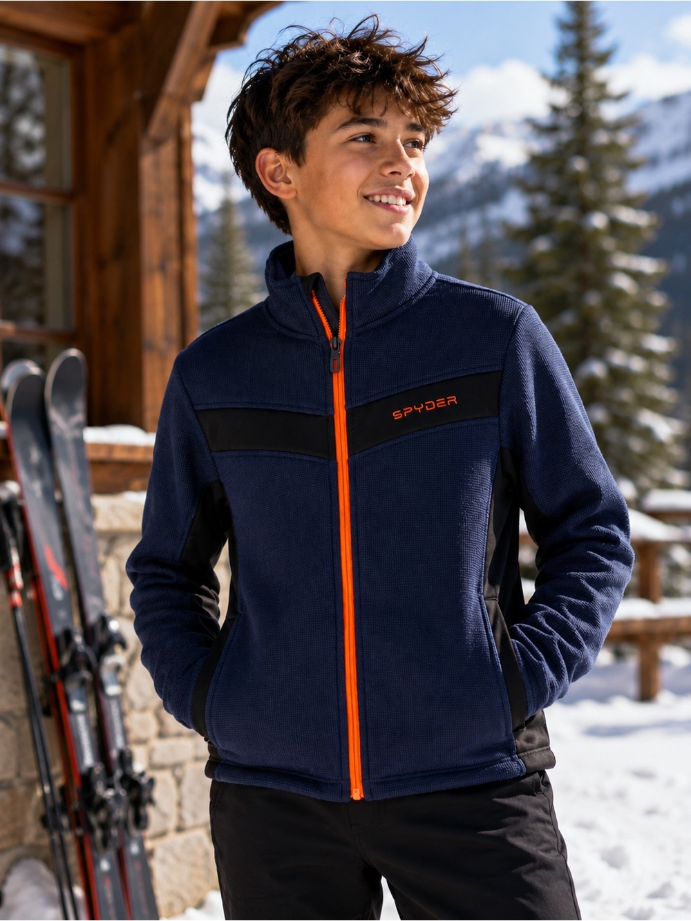 Spyder Boys XL Full Zip Fleece Jacket Navy Orange Black‎